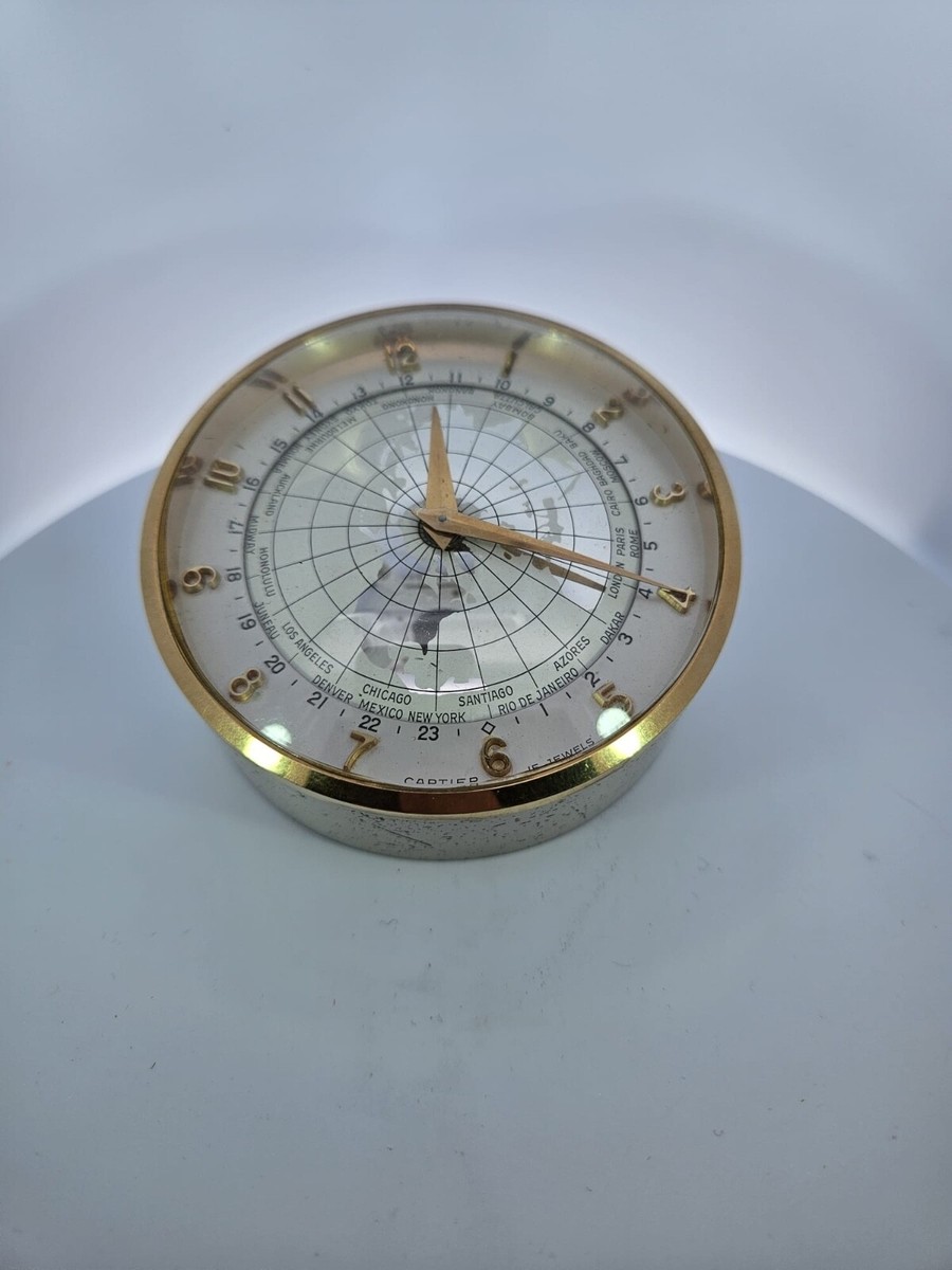 【希少】Cartier　カルティエ　アートデコスタイル デスククロック 純正 Cartier Desk-clock with world-time Vintage 14K Bezel & Silver Case