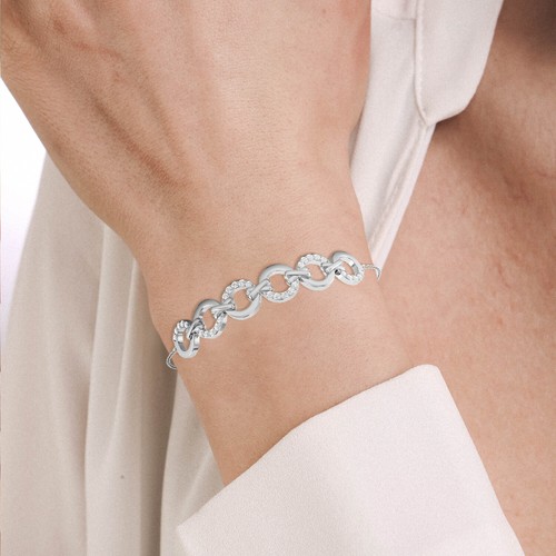 Brazalete Bolo de eslabones ovalados de diamantes redondos para mujer en oro blanco y amarillo de 14 K - Imagen 3 de 13