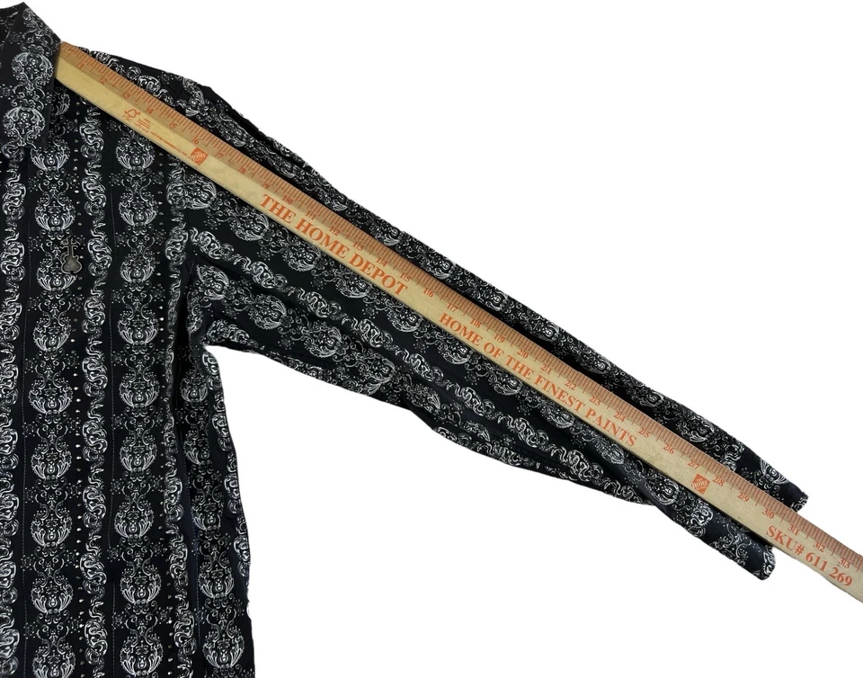 Camisa Elvis Jesus Hombres Negra Manga Larga Abotonada Estrás Talla M Estampado Guitarra  Foto 4 de 4