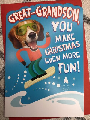 Hallmark Merry Christmas Card Great-Grandson 8x5.25 Expressions Funny Dog Skiing