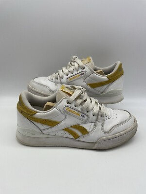 Reebok Classic White Trainers UK Girls Sneakers Shoes Yellow Detail Some  Wear UK