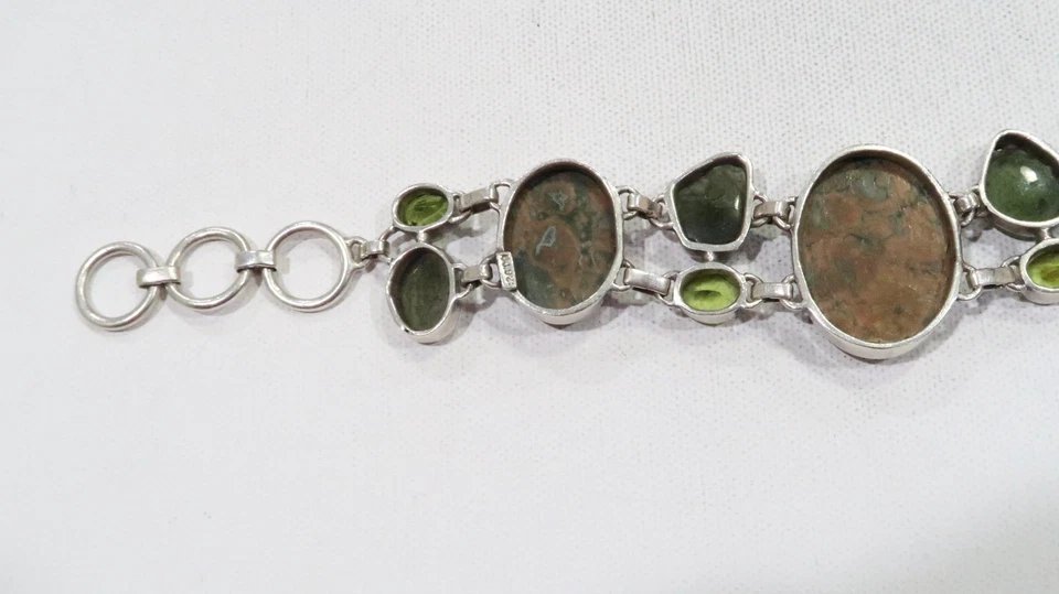 Pulsera artesanal BJ 925 riolita/jaspe de océano, moldavita y peridoto esterlina Foto 4 de 4