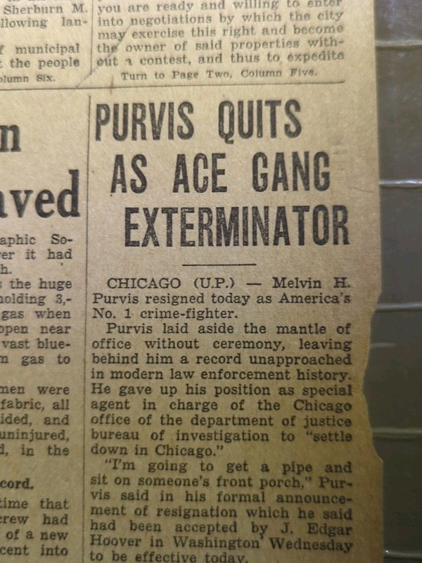 JULY 12, 1935 NEWSPAPER PAGE #2301- MELVIN PURVIS QUITS AS ACE GANG EXTERMINATOR