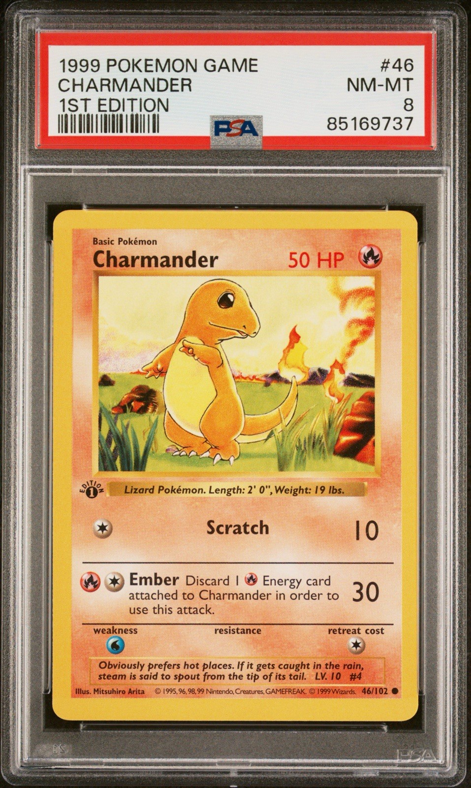 Charmander 46/102 PSA 8 1st Edition Base Set Shadowless Common 1999 Pokémon TCG