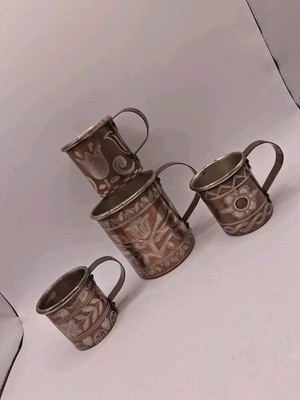 Vtg. India Uniq Rare Set Of 4 Copper Measuring Cups W Floral Bird Geom. Designs