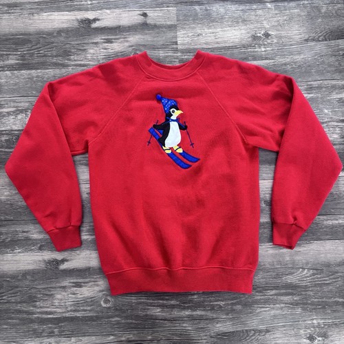 VTG 80s 90s Red Ski Penguin 3D Sewn Animal Art Pullover Sweatshirt Youth L 14-16