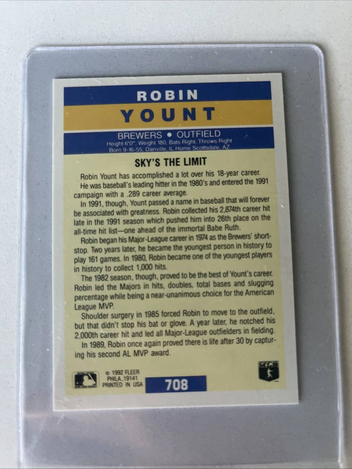1992 Fleer Robin Yount No708 Sky's The Limit Milwaukee Brewers ЛЕГЕНДА HOF ПОЧТИ КАК НОВАЯ - Изображение 2 из 2