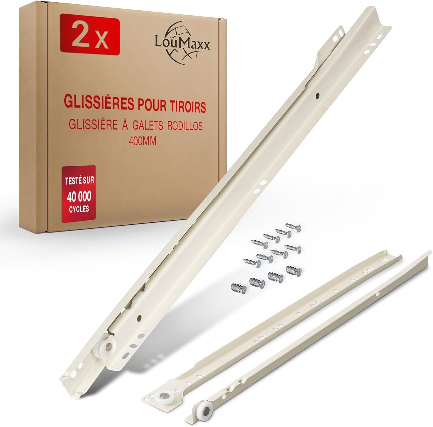 Glissière pour tiroir bloqué kit de rails en acier blanc avec vis