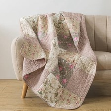 Authentic Patchwork Cotton Quilted Throw -Reversible Vintage Chic Floral Blanket