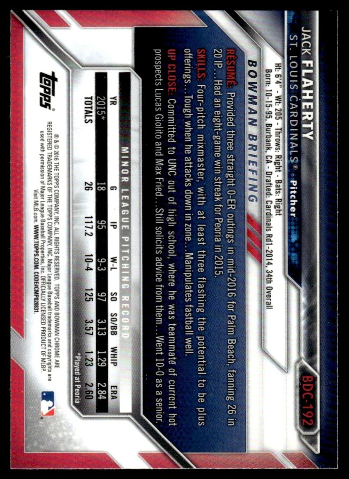 2016 Bowman Draft Picks & Prospects Chrome Jack Flaherty St. Louis Cardinals - Image 2 of 2