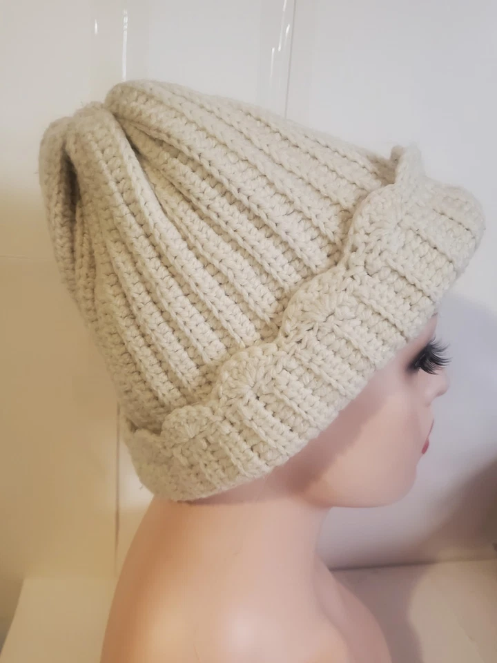 手工制作厚罗纹豆豆帽 – 象牙色奶油钩针编织针织 - 编织电缆... — 第 3/4 张图片