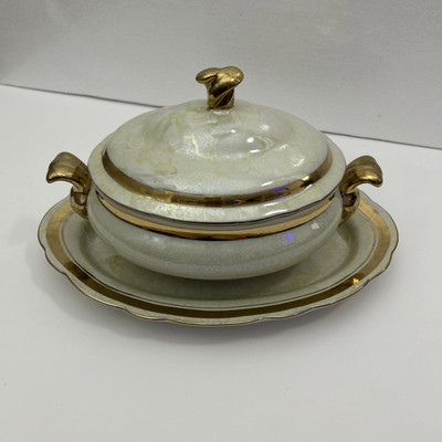 oriental-accent tureen with lid and platter Hand-Painted ivory and gold SKU 5612