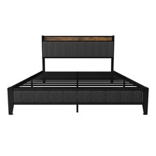 Modern Full Size Bed Frame with Charging Station  Upholstered Headboard Grey