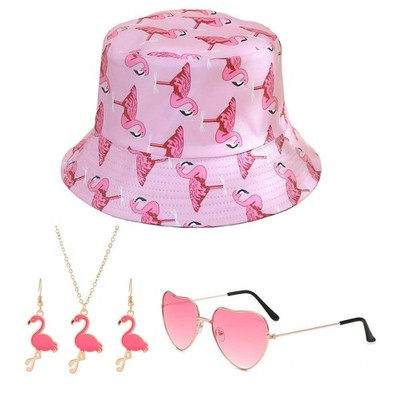 RAOPNHS Flamingo Fischerhut Damen Set 4-teilig, Mallorca Party Outfit Malle A...