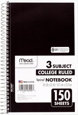 Spiral Notebook, 3 Subject, College Ruled Paper, 150 Sheets, 9-1/2" X 5-1/