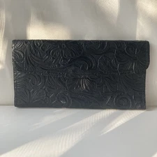 VTG 70's Black Leather Tooled Embossed Long Wallet Boho South Western w/Mirror
