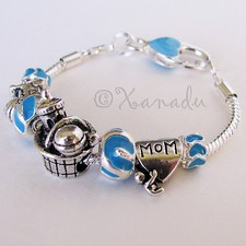 Blue Baby Boy Shower European Charm Bracelet With Mom, Stroller, Rattle Beads