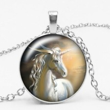 Damen Anh&auml;nger mit Kette Silber Braun Einhorn Cabochon Halskette Geschenk Party