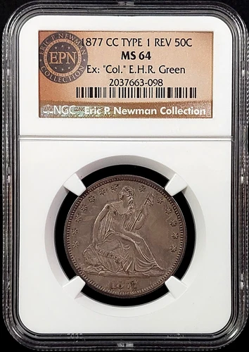 1877 CC Seated Liberty Half Dollar, Type 1 Reverse, certified MS 64 by NGC!