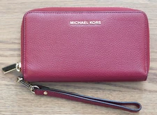Michael Kors Red Pebbled Leather Wallet Wristlet, Wrist Strap, Zippered