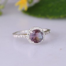 Round Cut Lab Created Alexandrite 925 Sterling Silver Engagement Ring