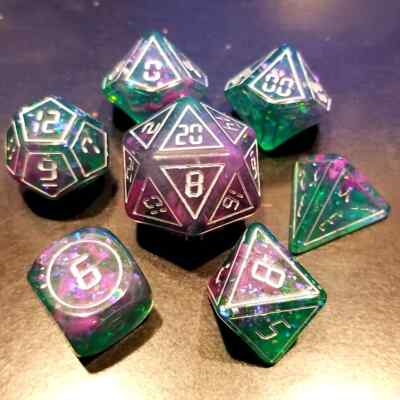 Digital Purple/Green 7 Dice Set RPG DnD Dungeons Dragons Pathfinder d20 AD&D 