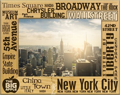 New York City Key Places Laser Engraved Wood Picture Frame Landscape (5 x 7)