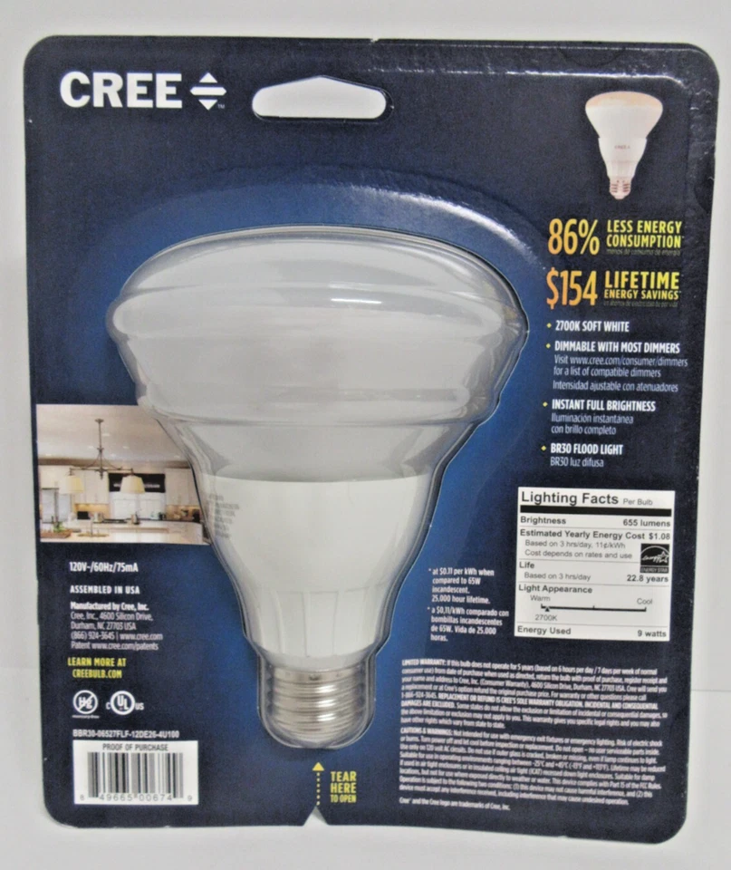 CREE 65 W / 9W LED Soft White 2700K BR30 Flood Dimmable Light Bulb - Image 2 of 4