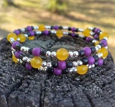 Handcrafted Artisan Purple Yellow Silver And Black Memory Wire Bracelet 