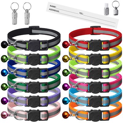 12 Pack Reflective-Breakaway Cat Collars with Bell,Safety Buckle Kitten Collar