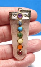 LARGE SILVER ROSE QUARTZ HEALING CRYSTAL W/ MULTI STONES PENDANT  1 X 2 INCHES