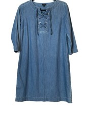 Talbots Womens Denim Chambray 3/4 Sleeve Lace Up Shift Dress Size 4 Petite