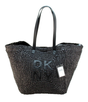 New DKNY Paloma Black Natural Weave with Stitched Logo Large Tote Bag MSRP $148