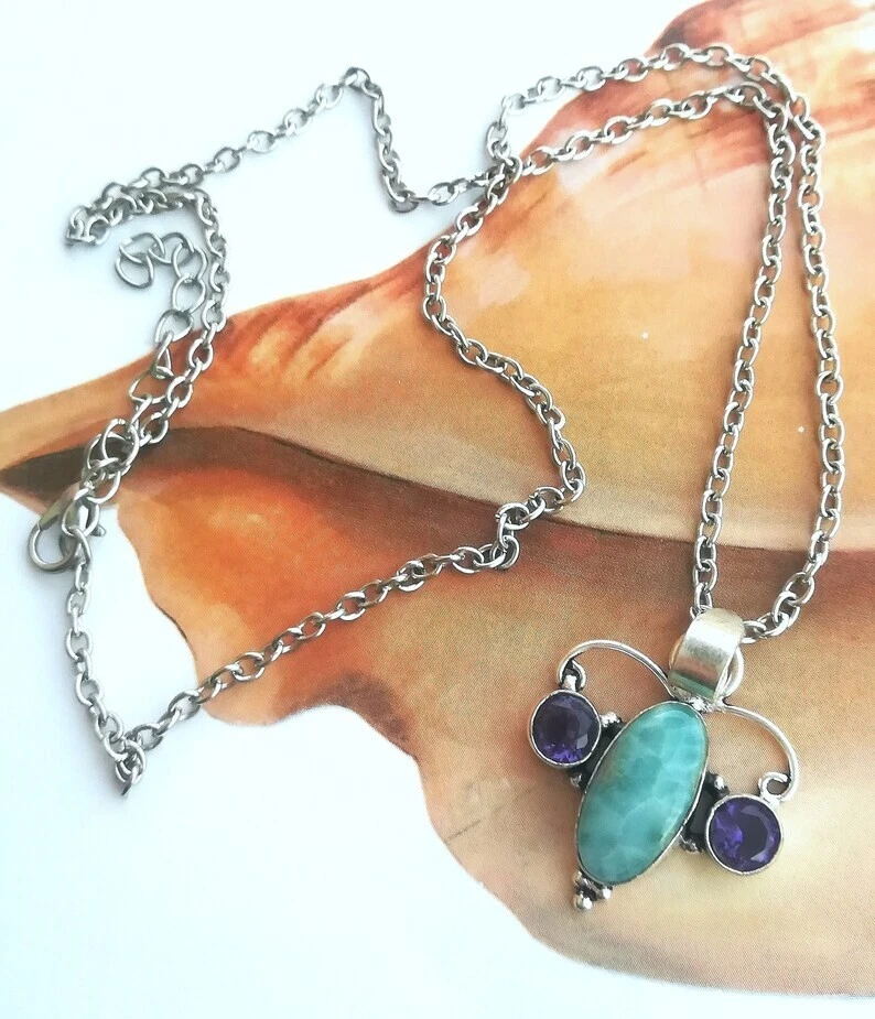 COLLANA CON CIONDOLO DI LARIMAR E AMETISTA, CATENA ARGENTO 925, PIETRE NATURALI - Immagine 4 di 4