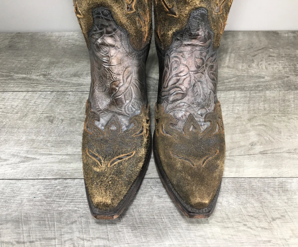 Womens Dan Post DP3626 Bronze Tooled Floral Leather Cowboy Western Boots 9.5 - Image 4 of 4