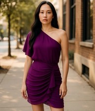 Alice+Olivia Marcia Silk 1Shoulder Plum Dress / Cascading Ruche, Keyhole Back 2