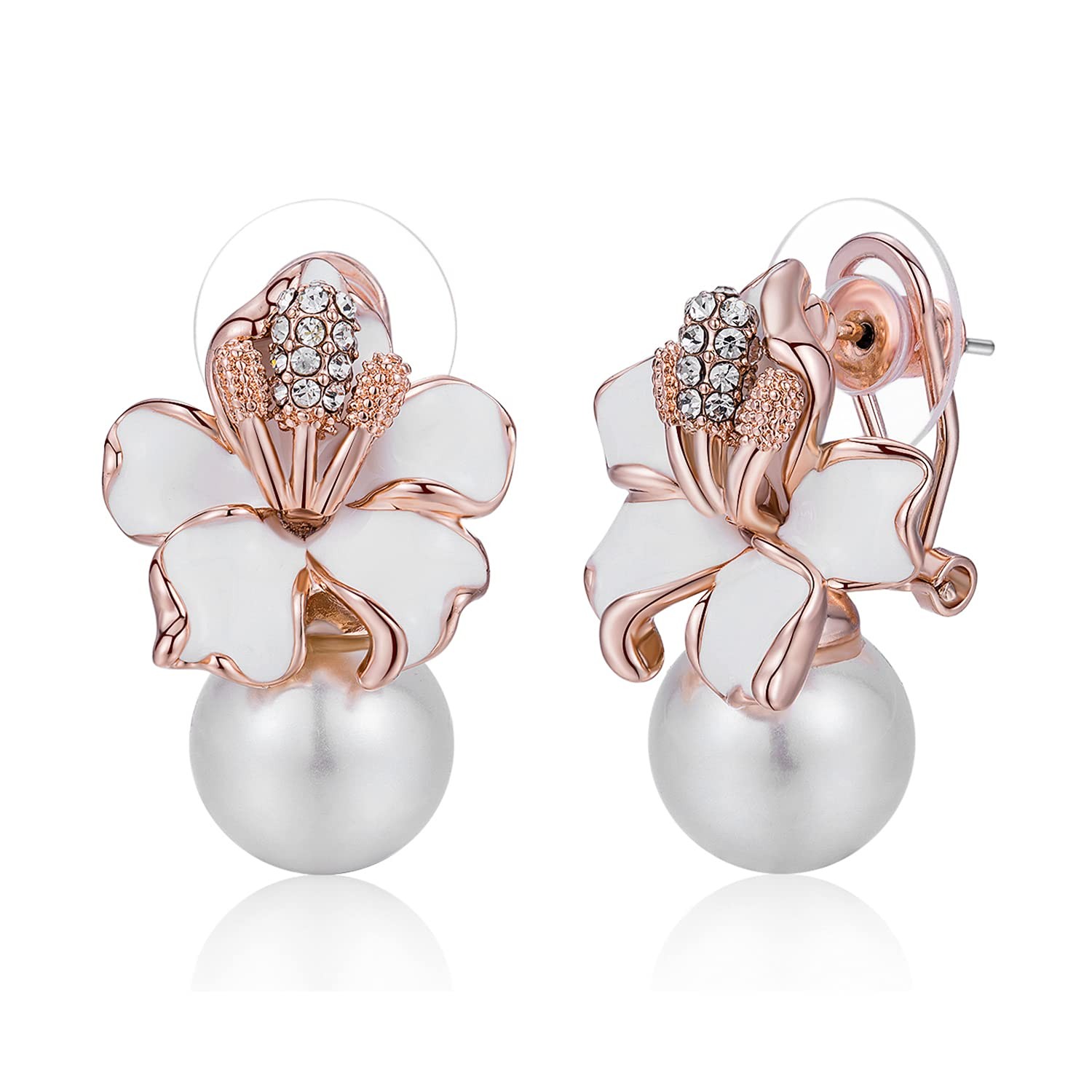 Rose Gold Silver Flower Pearl Stud Clip-On Earrings for Women
