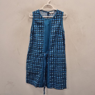 Toast Ikat ärmellos blau kariert geometrisches Muster vorne zum Binden Etuikleid UK 8