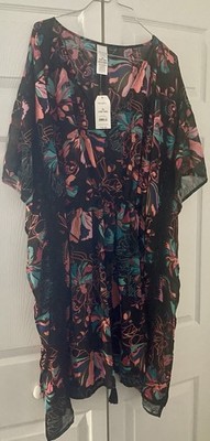 NWT Time and Tru Plus Size 1X Floral Chiffon Swim Coverup Dress Black Lace
