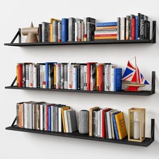 48 Inch Long Floating Book Shelves for Wall Set of 3, Black Wall Bookshelves for