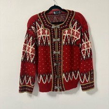 Vintage Nordic 100 Wool Knit Norway Fair Isle Ski Sweater Engraved Clasp
