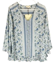 NWT Cynthia Rowley Blouse Womens 1X Blue Floral Ruffle Cottagecore Peasant Boho