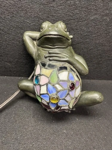 Vintage Tiffany Style Stained Glass Frog Accent Lamp, Working. Good Condition