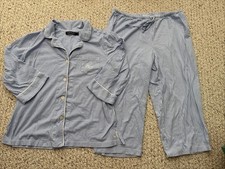 Women s LAUREN RALPH LAUREN blue striped 2 piece pajama Set Capri Pants, L EUC
