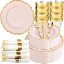 350pcs Pink and gold Plastic Plates - Pink Plastic Dinnerware Set Includes 50