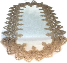 Doily Boutique Table Runner or Doily with Gold Lace and Antique White Fabric