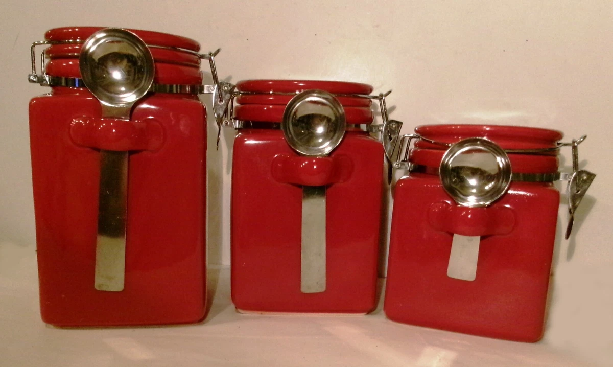 Set of 3 Red Kitchen Canisters by OGGI Air Tight Lids and