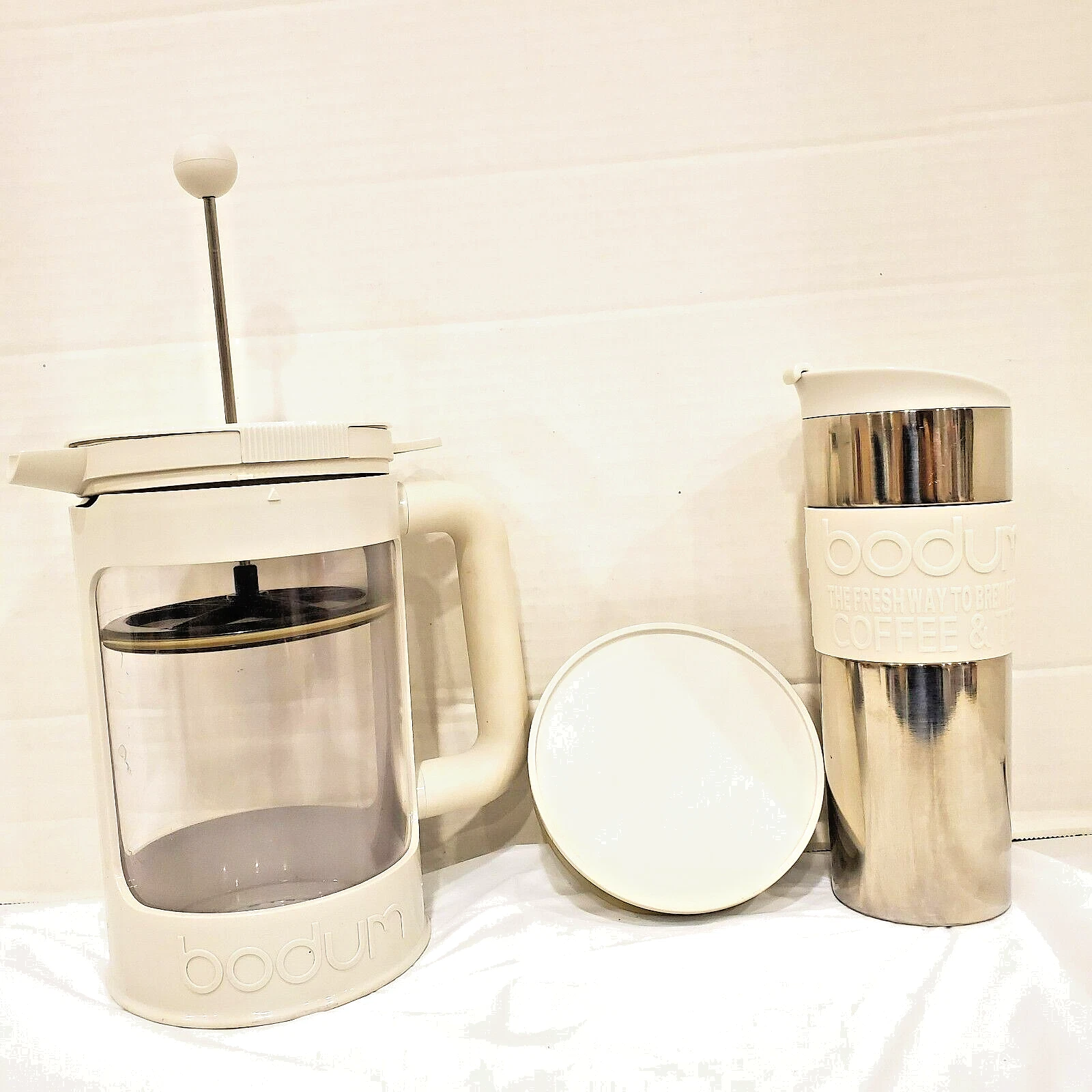 Bodum White French Press Ice Cold Brewed Coffee Maker & insulated Travel Mug