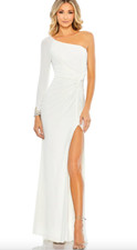 MAC DUGGAL 55696 ONE LONG SLEEVE BEADED CUFF SIDE TWIST WHITE JERSEY GOWN 4