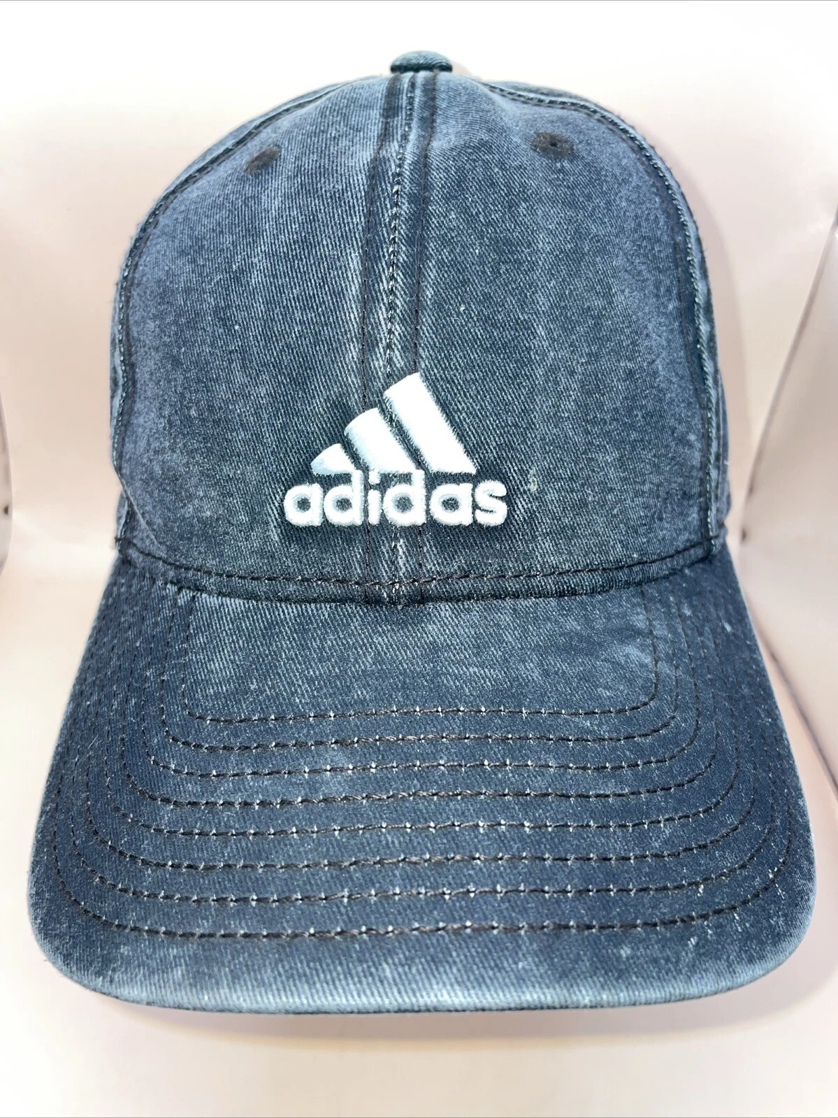 ADIDAS Black Distressed Look Trefoil Denim Baseball Hat Cap Cotton Aeroready